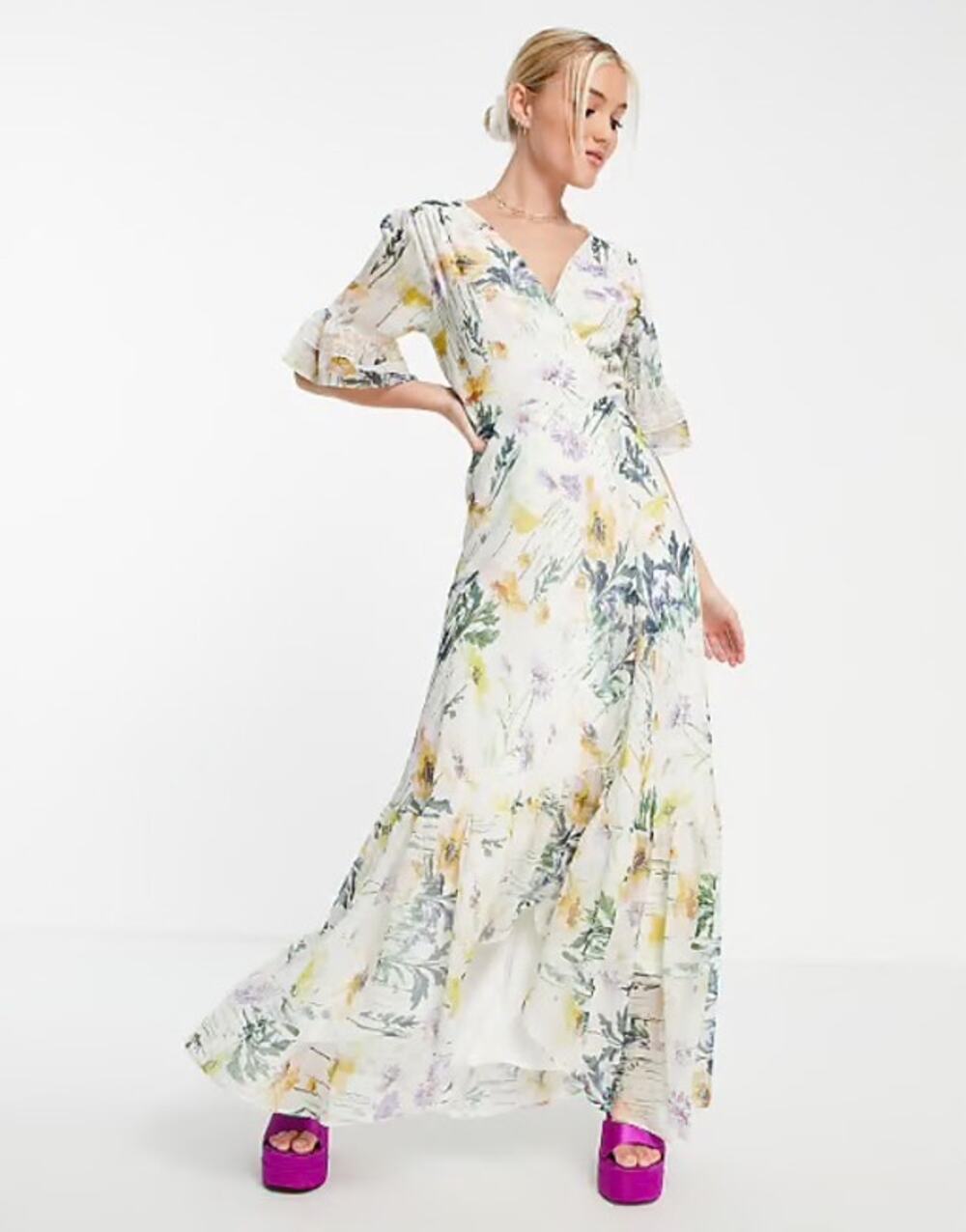 Hope & Ivy Dress SZ 14 Flora Floral Wrap Maxi Ruffle Boho Wedding Bridal Flutter